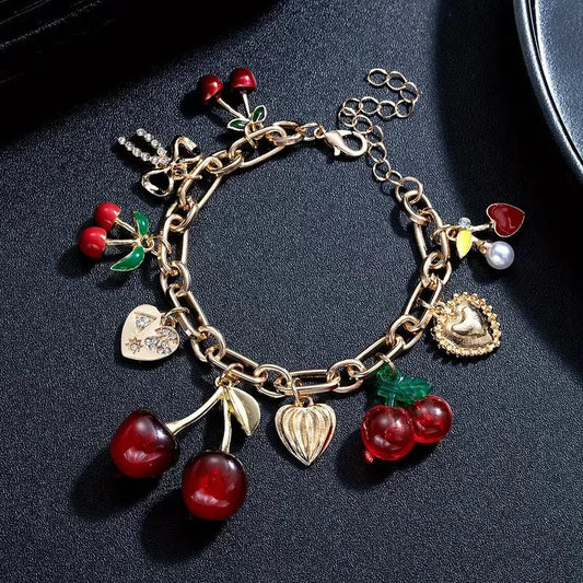Cherry Jewelry (Ring/Bracelet Optional) - Gold Tone Crystal Charm Adjustable Cute Y2K Jewelry Accessory Daily Party Holiday Gift