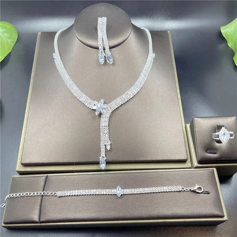 Fashion Crystal Bridal Jewelry Sets Silver Color Geometric Choker Necklace Earrings Bracelet Ring Four-piece Wedding Jewelry Set