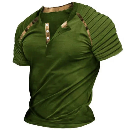 2024 Spring Summer Casual Mens T Shirts Short-sleeved Pleated Buttoned Tops Men Vintage Patchwork Striped T-shirt