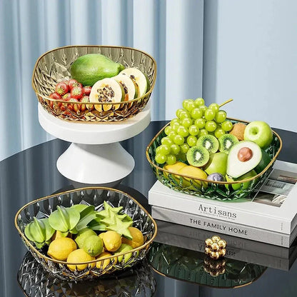 New Household Fruit Bowl Salad Dessert Biscuit Plate Plastic Square Transparent Tray Golden Edge Snack Plates Tableware
