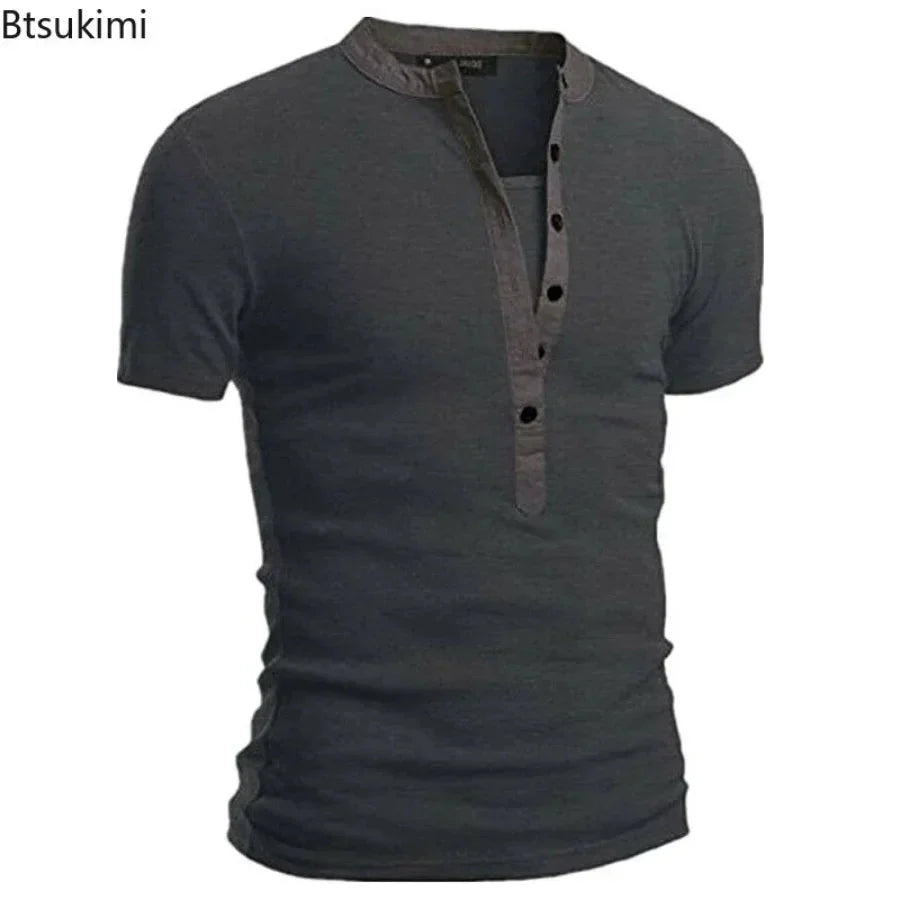 2026 Men's Summer Casual Shirts Solid V-neck Button Slim Fit T-Shirts for Men Fashion Short Sleeve Tees Tops Men Clothing S-3XL