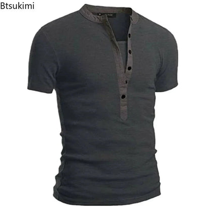 2026 Men's Summer Casual Shirts Solid V-neck Button Slim Fit T-Shirts for Men Fashion Short Sleeve Tees Tops Men Clothing S-3XL