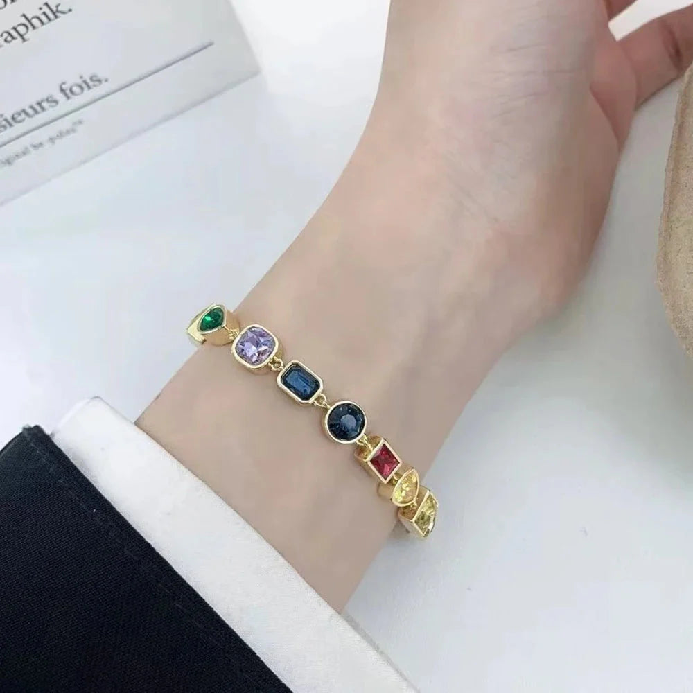 Luxury Fashion Women's Jewelry Colored Gems Set Sterling Silver Necklace Bracelet Plated With 18K Rose Gold Banquet Party