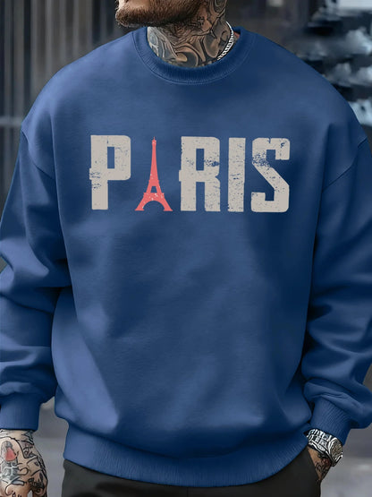 Famous Paris Tower Pattern Sweatshirt Men O-Neck Clothes Autumn Fleece Retro Pullover Loose Unisex Colour Fashion Streetwear