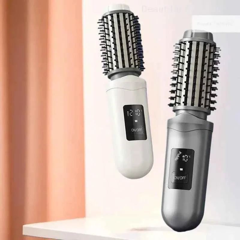 NewCordless Hair Curling Iron Brush USB Rechargeable Travel Heated Round Brush 2-in-1 Electric Hair Curling Wand Styling Tools