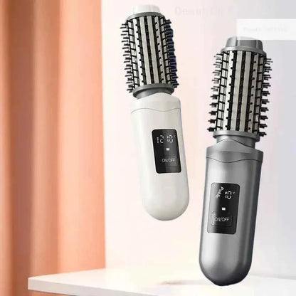 NewCordless Hair Curling Iron Brush USB Rechargeable Travel Heated Round Brush 2-in-1 Electric Hair Curling Wand Styling Tools