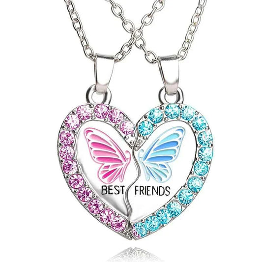 BFF Necklace for 2, Best Friend Cute Zircon Crystal Butterfly Valentines Day Gifts Matching Heart Pendant Friendship Necklaces