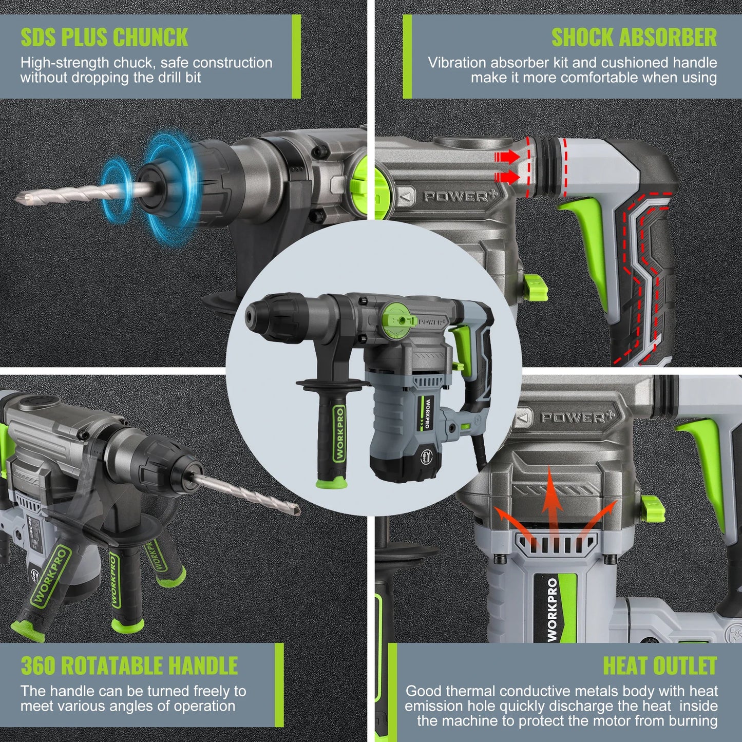WORKPRO  12.5 AMP Heavy Duty Rotary Hammer Drill for Concrete 32mm MAX, Steel 13mm MAX,Wood 42mm MAX.