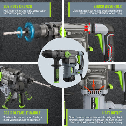 WORKPRO  12.5 AMP Heavy Duty Rotary Hammer Drill for Concrete 32mm MAX, Steel 13mm MAX,Wood 42mm MAX.