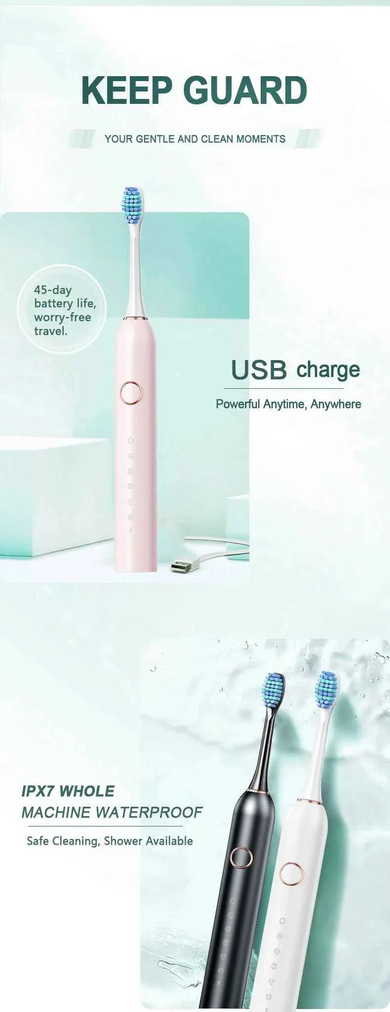 Adults Sonic Electric Toothbrush   with 6 Cleaning Modes USB Rechargeable with Multiple Replacement Brush Heads