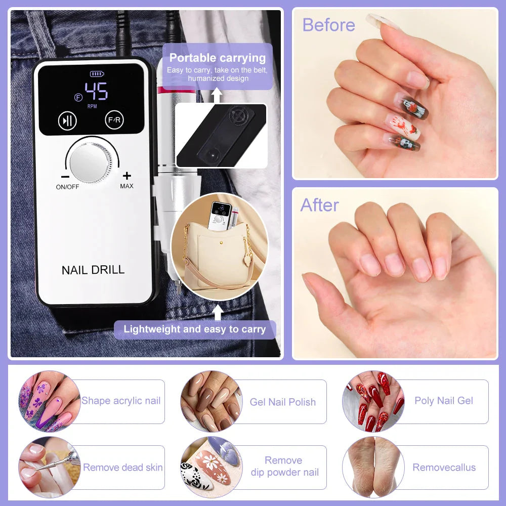 45000RPM Professional Nail Drill Machine Rechargeable Low Noise Electric Nail Drill Sander File for Manicure Gel  Polish Tool