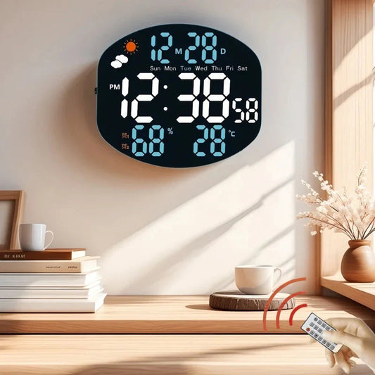 Large Digital Wall Clock Weather Station Forecast TEMP Humidity Date Week Night Mode Table Clock 2 Alarm 12/24H LED Alarm Clock