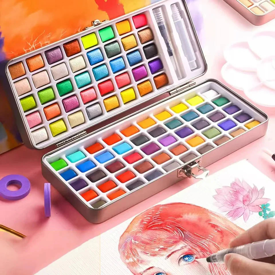 The 50/72/90/100/128/168 watercolor paint set includes a palette, brushes, drawing pens, professional painting supplies