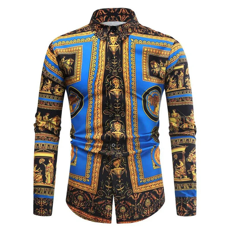 Baroque Floral Royal Shirts Men Luxury Print Designer Tops Paisley Pattern Flowers Fashion Western Long Sleeve Shirt Camisas