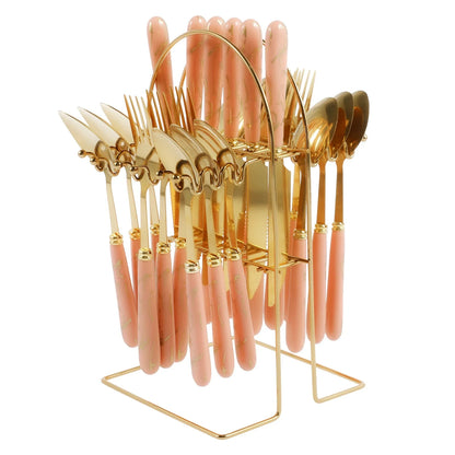 24-Piece Stainless Steel Silverware Set with Vertical Hanging Storage Rack - Mirror Polished Flatware