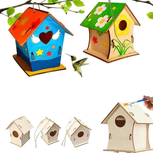 Wooden DIY Bird Nest House Outdoor Hanging Birdhouse Box With Hemp Rope for Painting DIY Outdoor Garden Yard Decoration