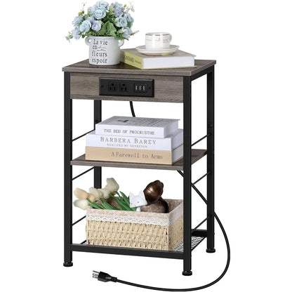 3-Tier Nightstand w/ Charging Station - 2 Pcs Grey Bedside Table w/ USB Ports & Storage Shelf for Bedroom