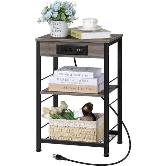 3-Tier Nightstand w/ Charging Station - 2 Pcs Grey Bedside Table w/ USB Ports & Storage Shelf for Bedroom
