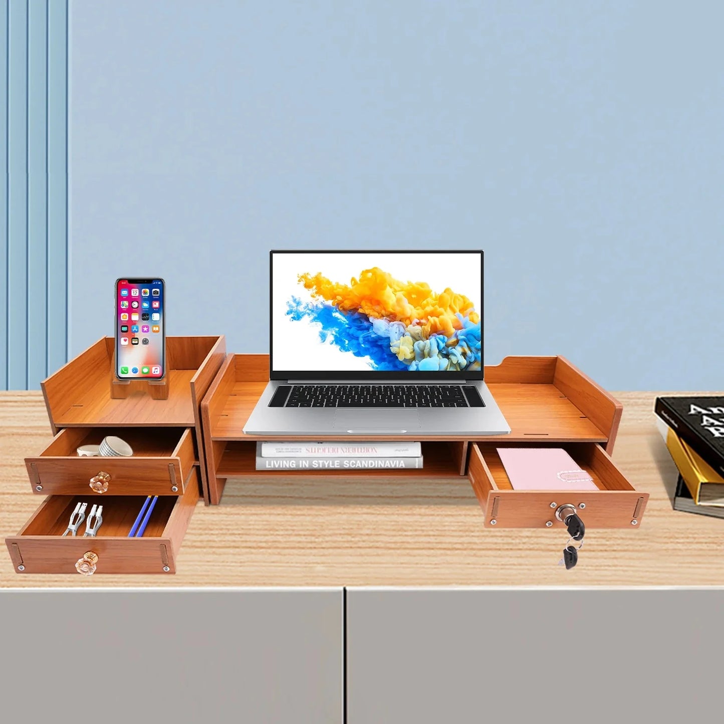 Wooden Desk Organizer W/ Drawer File Storage Desk Monitor Riser Computer Stand