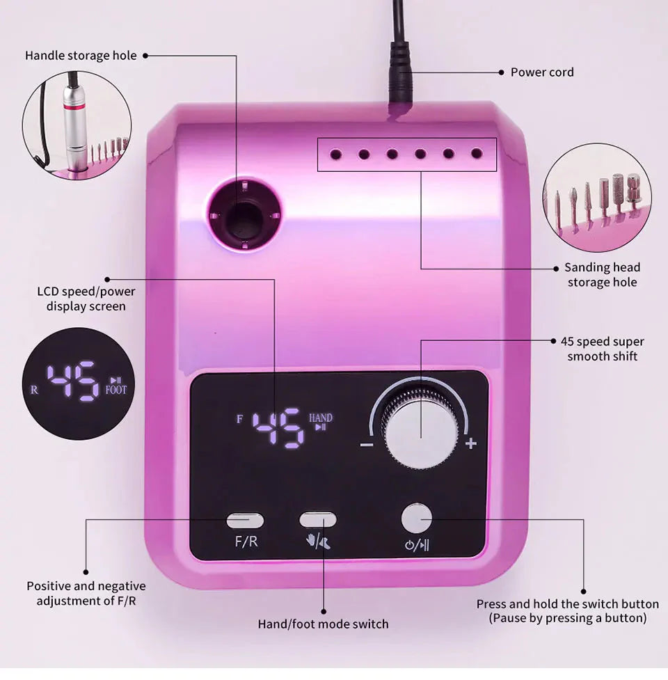 45000RPM Nail Drill Machine Professional Nail Lathe with Large LCD Screen Smart Electric Manicure Polisher Nail Art Tools
