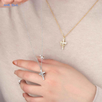 SUNSLL Cubic Zircon Rotatable Crown Cross Pendant Necklaces Classic Stainless Steel Chain Banquet Party Jewelry For Women Men