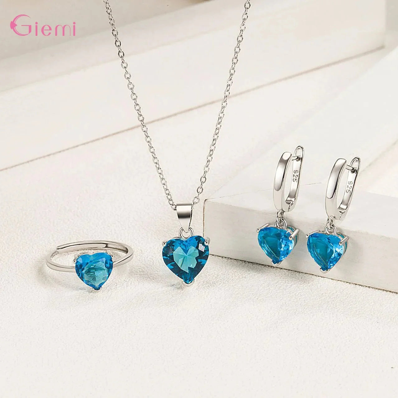 Top Fashion 925 Silver Jewelry Sets Shiny Crystal Gifts Suit For Women Girls Pendant Necklace Earrings Rings Hot Sale