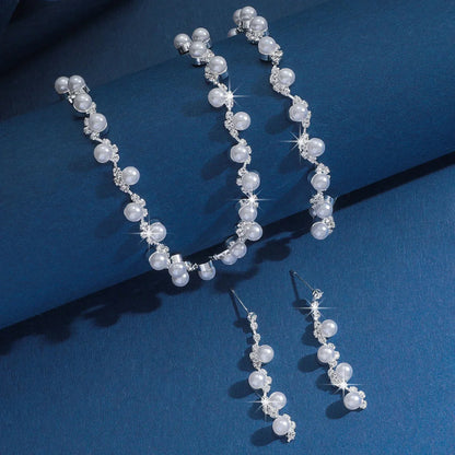 Pearl & Crystal Jewelry Set Choker Necklace Bracelet Drop Earrings Bridal Accessories for Wedding Prom Party Women Daily Wear