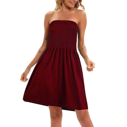 Sexy Off Shoulder Strapless Dress Women Summer Pleated Elastic Waist Party Beach Dresses Ladies Elegant Beach Flowy A Line Dress