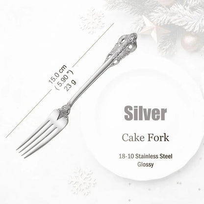 Stainless Steel Silver Flatware Set, Vintage Cutlery, Hollow Handle, Silverware for Wedding, Baroque, 18/10, Glossy Gold