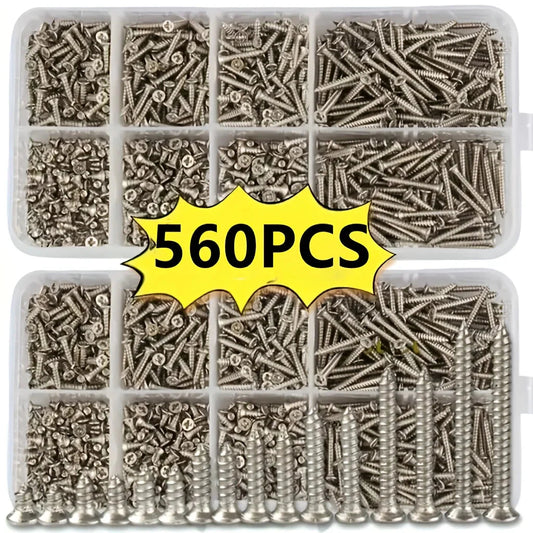 Box of 560 Self-Tapping Wood Screw Set - Includes 8 Different Sizes of M2 Phillips Flat Metal Screw Classification Kit