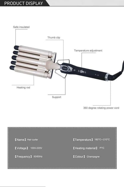 5 Barrel Hair Curler For Long Hair Professional Salon Dual Voltage Hair Curler Wavy Tourmaline Wave Maker 5 Barrels Curling Iron