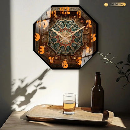 2D-Flat Distinctive Islamic Calligraphy Octagon Intricate Geometric Wall Clock for Office Kitchen Halloween Mother's Day Gifts