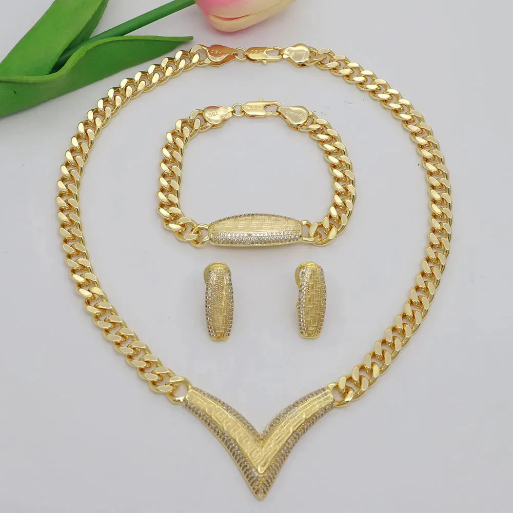 Dubai Vintage Jewelry Sets For Women Luxury Design Shiny Zircon Gold Plated Necklace Earring Bangle Wedding Party Accessories