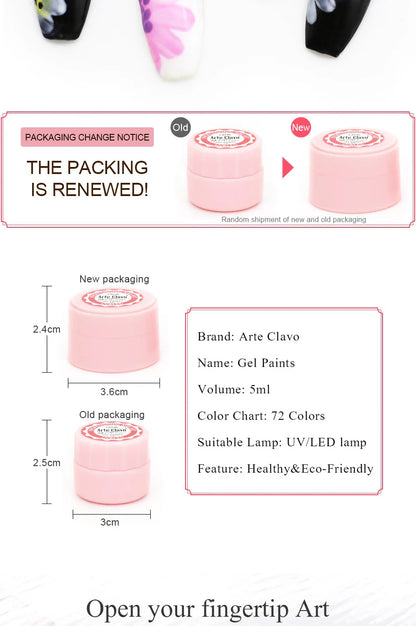 Arte Clavo Painting Gel 72 Colors 5ml Professional Nail Paint Color Gel Polish For Nail Art UV Gel Lacquer Gel Top Coat Manicure