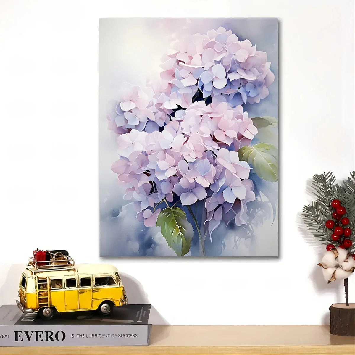 Hydrangea Floral Canvas Wall Art - Framed 11.8x15.7in Decor for Living Room, Bedroom, Kitchen, Office, Great Gift Idea