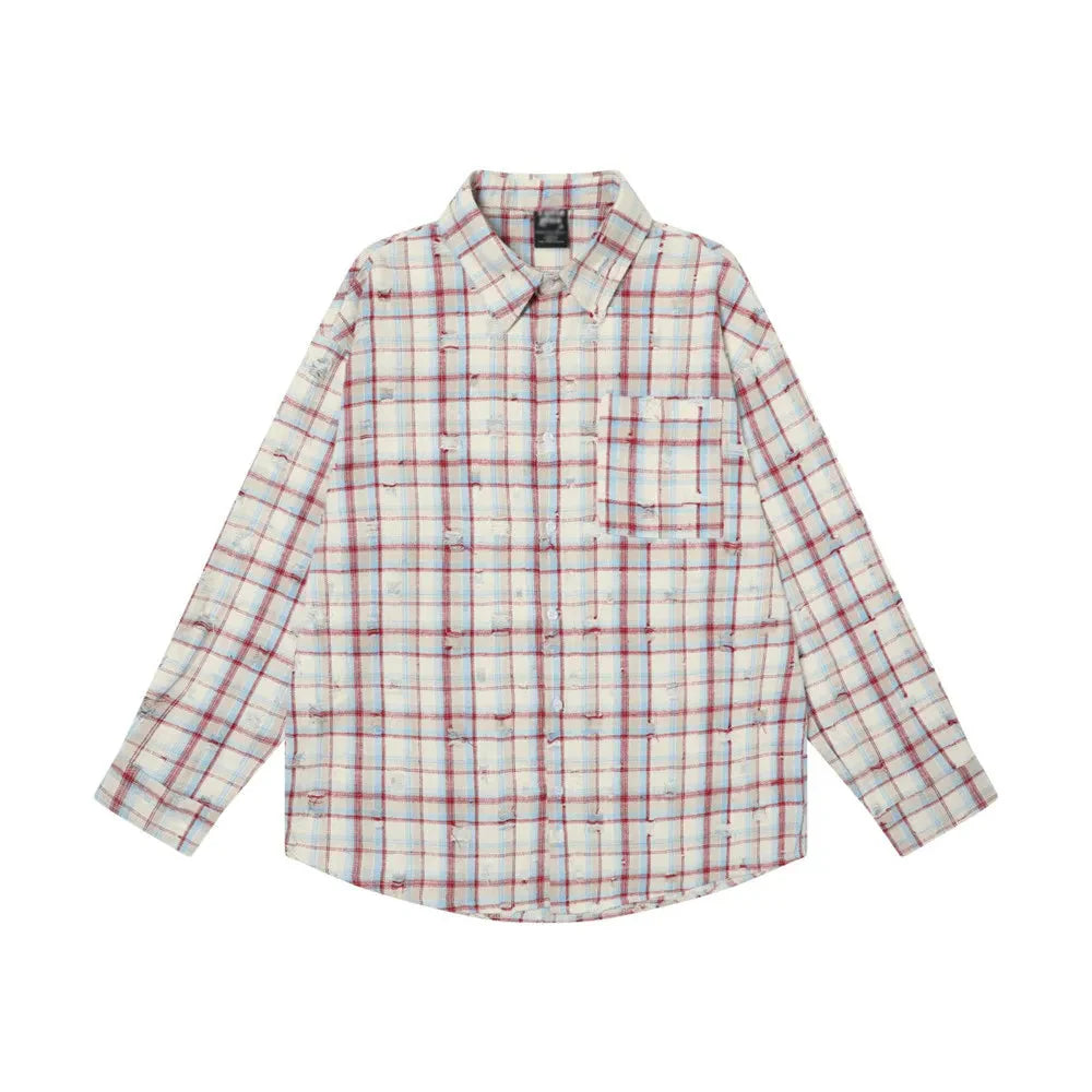 Ripped Plaid Long Sleeve Shirts Mens Pocket Autumn High Street Loose Lapel Single Breasted Checked Shirt Men