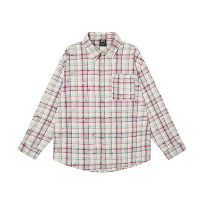 Ripped Plaid Long Sleeve Shirts Mens Pocket Autumn High Street Loose Lapel Single Breasted Checked Shirt Men