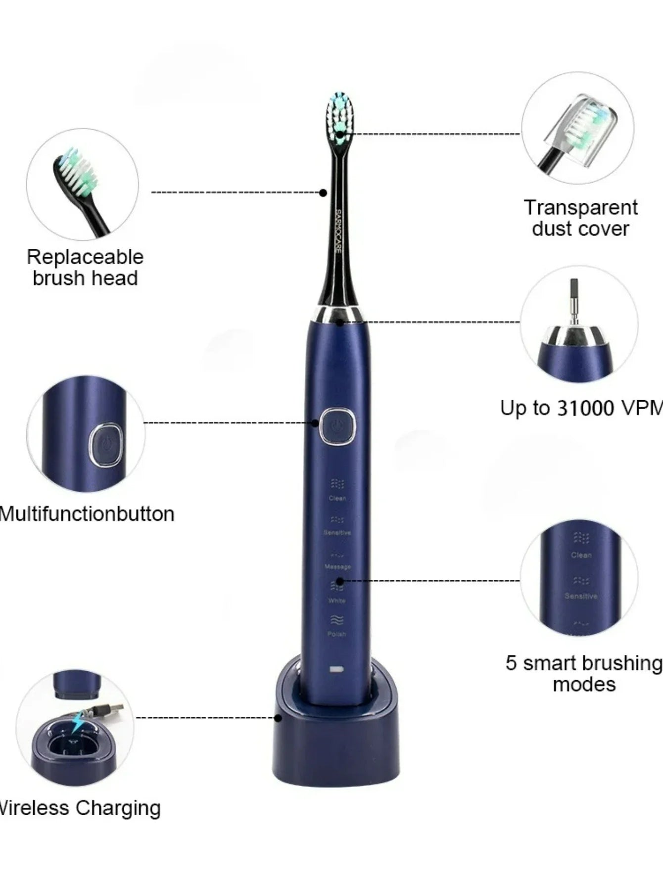 2026 NEW USB Rechargeable Electric Toothbrush Automatic Toothbrush for Adults with 5 Modes and 8 Replacement Brush Heads