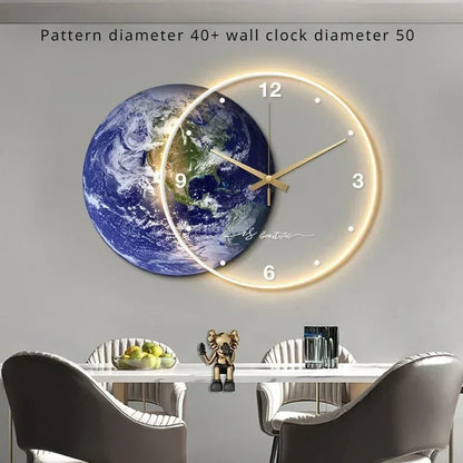 Large Wall Clock Luxury Dining Room Living Room Moon The Earth Modelling LED Light Silent Movement Bedroom Clock Wall Decoration