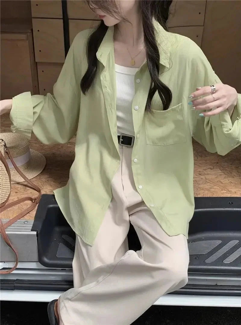 Sunscreen Shirt for Women in Summer New Polo Collar French Unique Loose Solid Color Long-sleeved Top Trendy