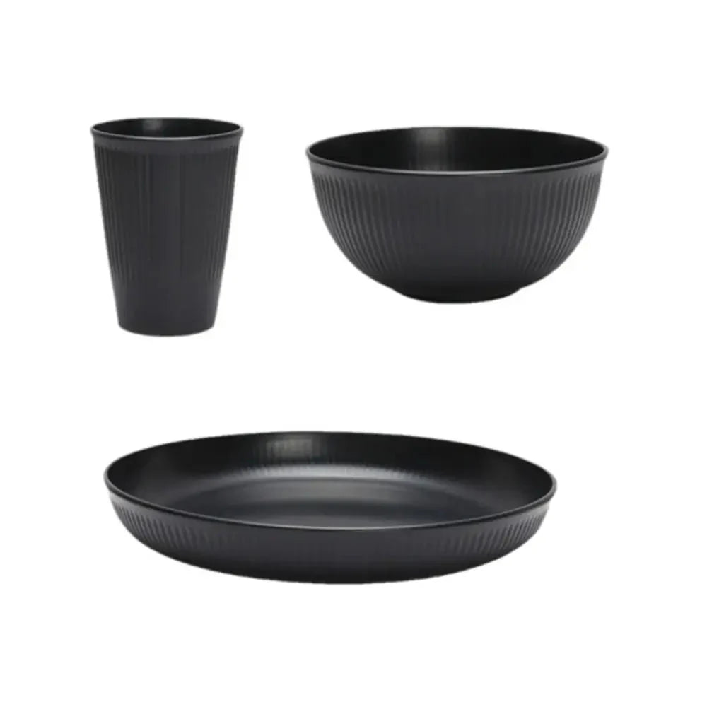 Black plastic cutlery set plates spitting dishes bowl cups cutlery for outdoor camping party