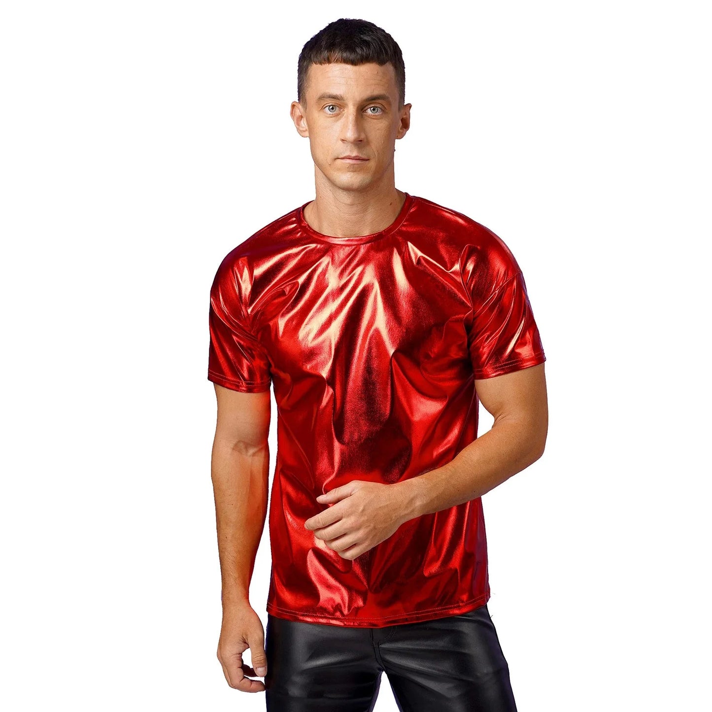 Mens Dance Shirts Tops Party Performance 80s Clothes Metallic Shiny Short Sleeve Round Neck T-shirt for Club Show Role Play