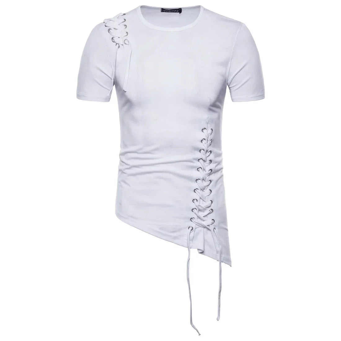 New2026 Men's Summer Short Sleeve T-shirts Trend Irregular Design Lace Up Solid Slim Tees Fashion Gothic Style Casual Shirts Men