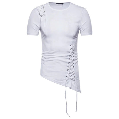 New2026 Men's Summer Short Sleeve T-shirts Trend Irregular Design Lace Up Solid Slim Tees Fashion Gothic Style Casual Shirts Men