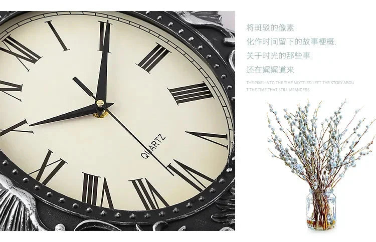 14" Vintage European Court elegance classical Style Wall Clock with Electroplated Black Gold/Silver & Roman Numerals for bedroom