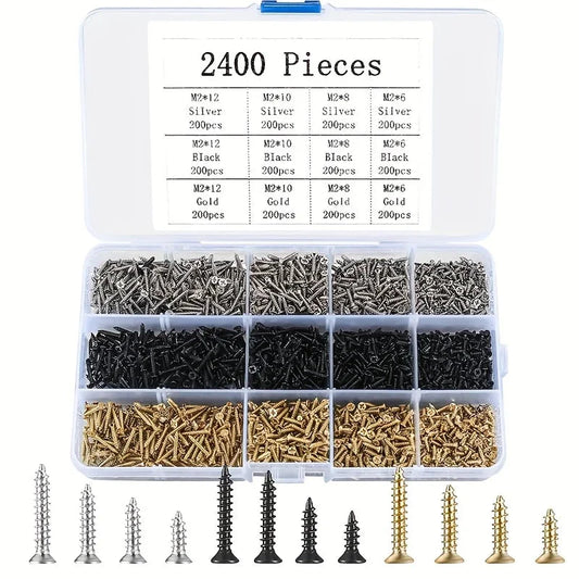 2400pcs Miniature Self-Tapping Screws, M2 Wood Screws, Phillips Head Screws, Flat Head Screws, Gold, Black, Silver Set