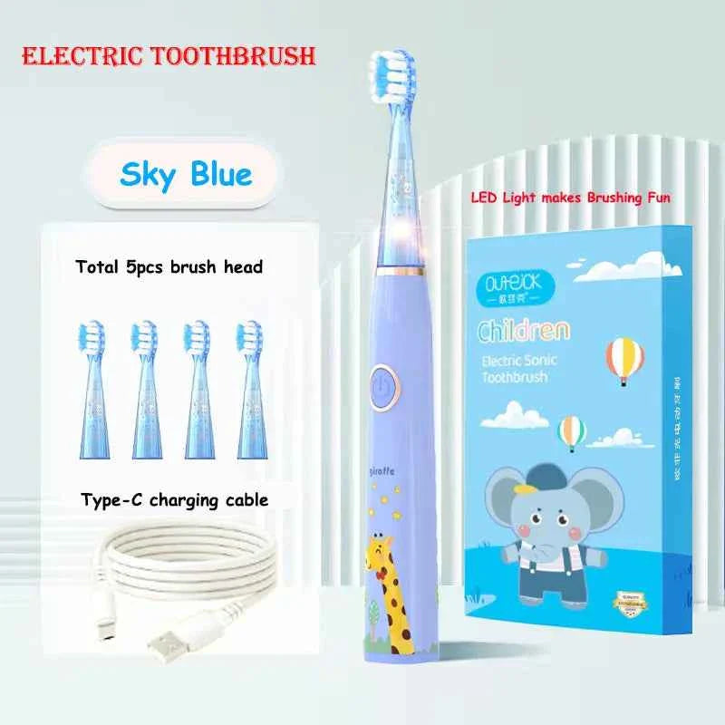 Kids Sonic Electric Toothbrush Cartoon with Colorful LED Light IPX7 Waterproof Deep Clean Teeth Care Rechargeable Toothbrush