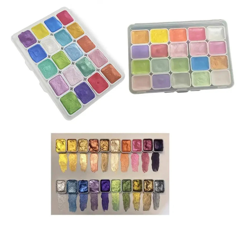 20 Colors Pearlescent Solid Watercolor Painting Set Portable Box Shiny Metal Painting Art Supplies Pigment Palette Drawing Tools