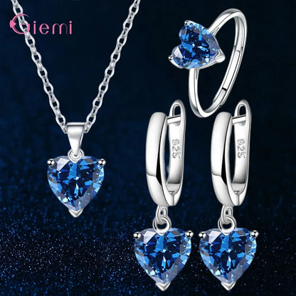 Top Fashion 925 Silver Jewelry Sets Shiny Crystal Gifts Suit For Women Girls Pendant Necklace Earrings Rings Hot Sale