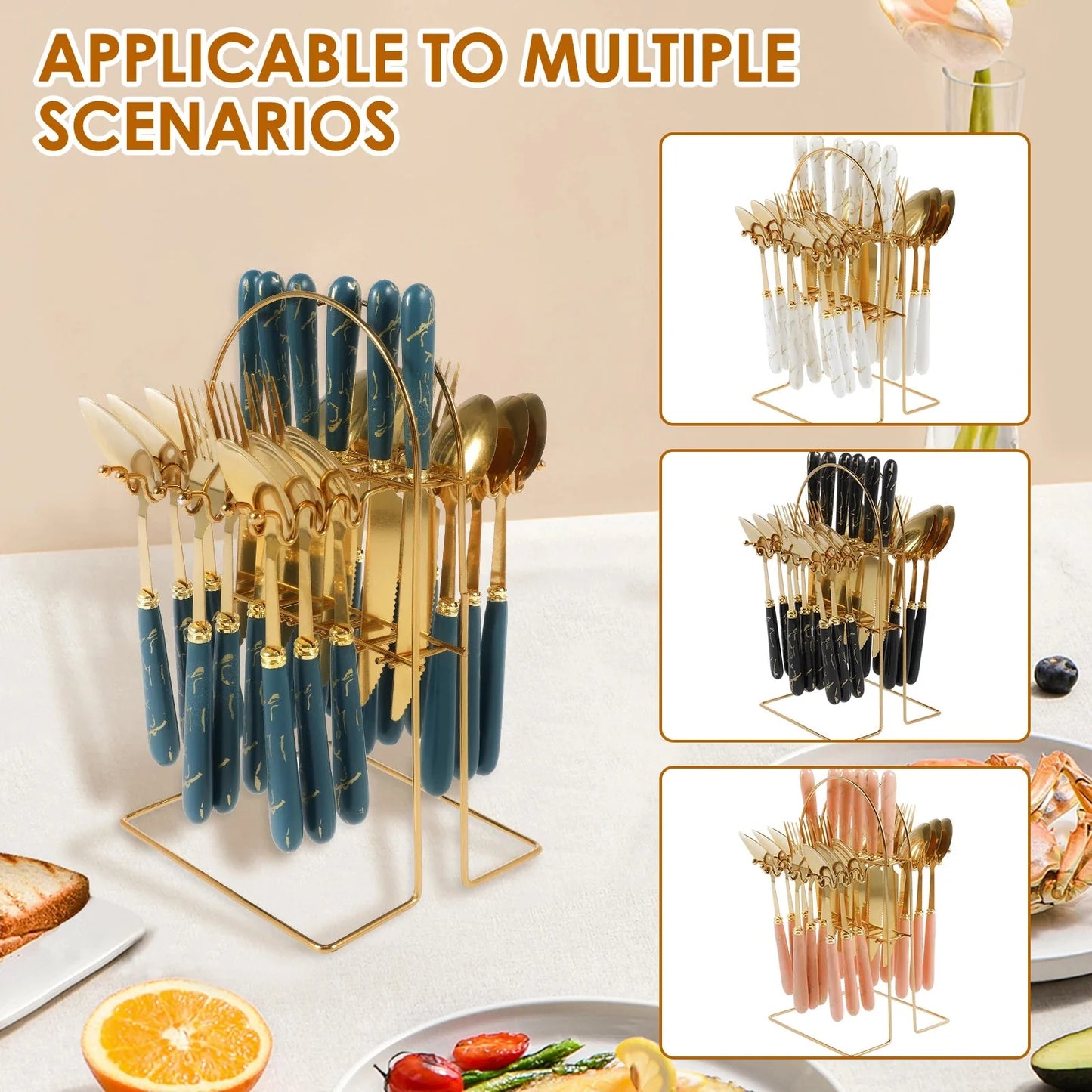 24-Piece Stainless Steel Silverware Set with Vertical Hanging Storage Rack - Mirror Polished Flatware